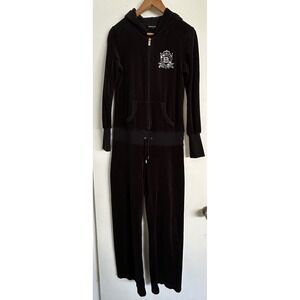 Y2K Bebe Sport Velour Hooded Jumpsuit Black Crystal Logo One Piece Size M RARE